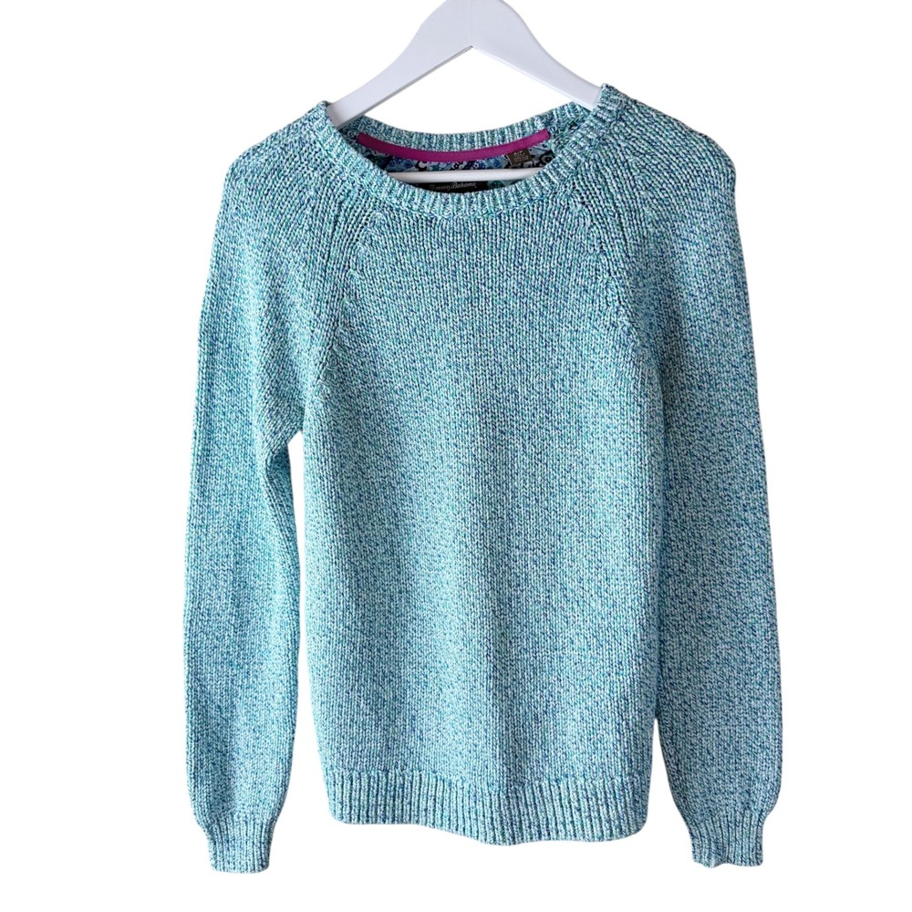Tommy Bahama Liberty Fabric‎ Back Marled Cotton Sweater Teal Blue Womens Small